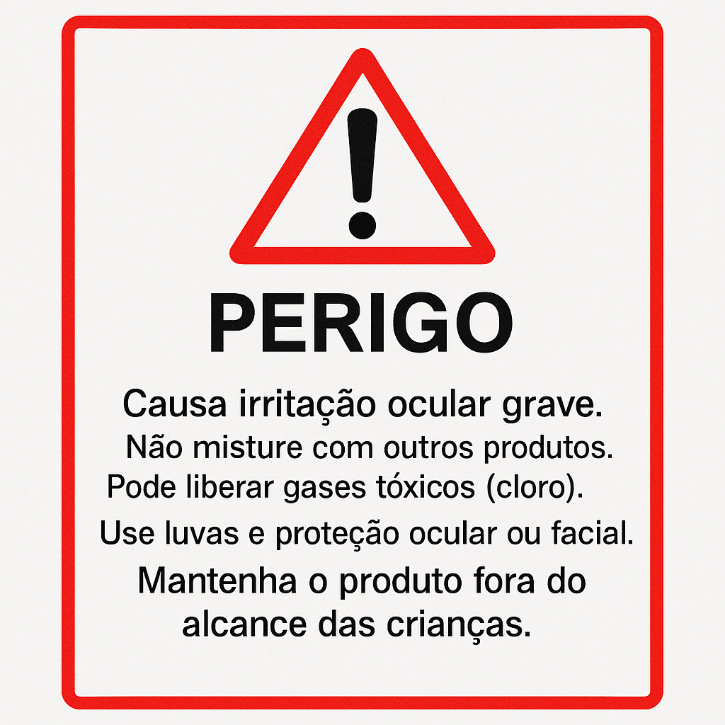 Alerta de segurança exibido no rótulo de um produto de limpeza com cloro, destacando riscos e precauções de uso doméstico.