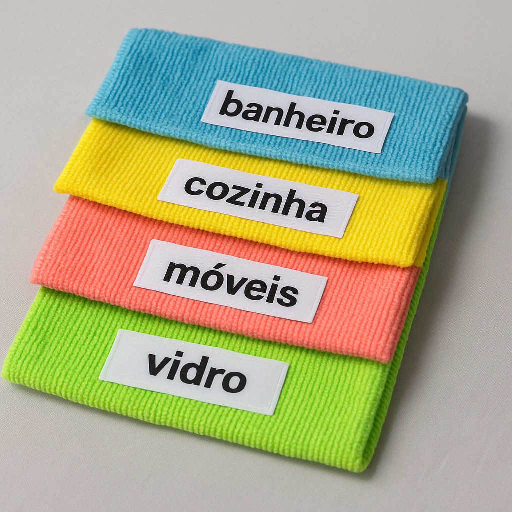 Panos de limpeza coloridos organizados com etiquetas para uso em cozinha, banheiro e outros ambientes, ideal para evitar contaminação cruzada. Victus Bauru.
