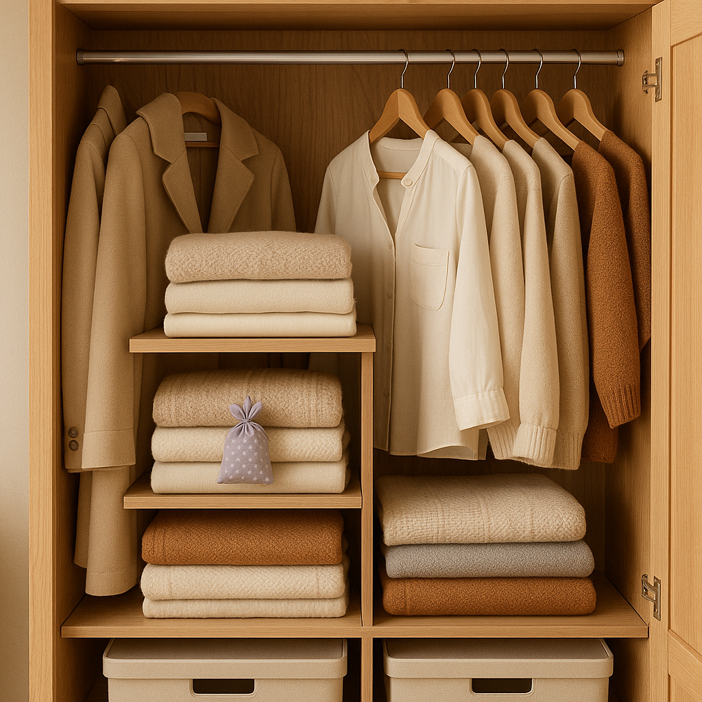 Armário limpo e organizado com sachês de antiumidade mostrando como preparar a casa para o outono
Prompt para geração de imagem: Um armário aberto e bem organizado com roupas, cobertores dobrados, sachês antiumidade e caixas organizadoras. Luz suave, visual limpo, clima de outono.