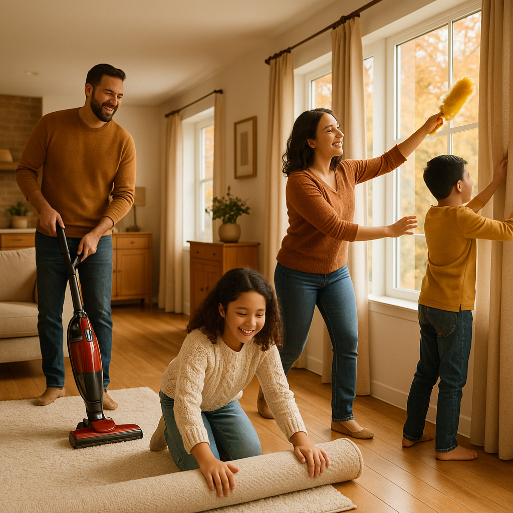 Família aprendendo como preparar a casa para o outono em ambiente limpo e aconchegante
Prompt para geração de imagem: Uma família sorridente organizando a casa juntos durante o outono. Eles estão limpando tapetes, cortinas e armários em um ambiente moderno e aconchegante, com luz natural. Tons quentes, ambiente espaçoso, sensação de limpeza, aconchego e organização.