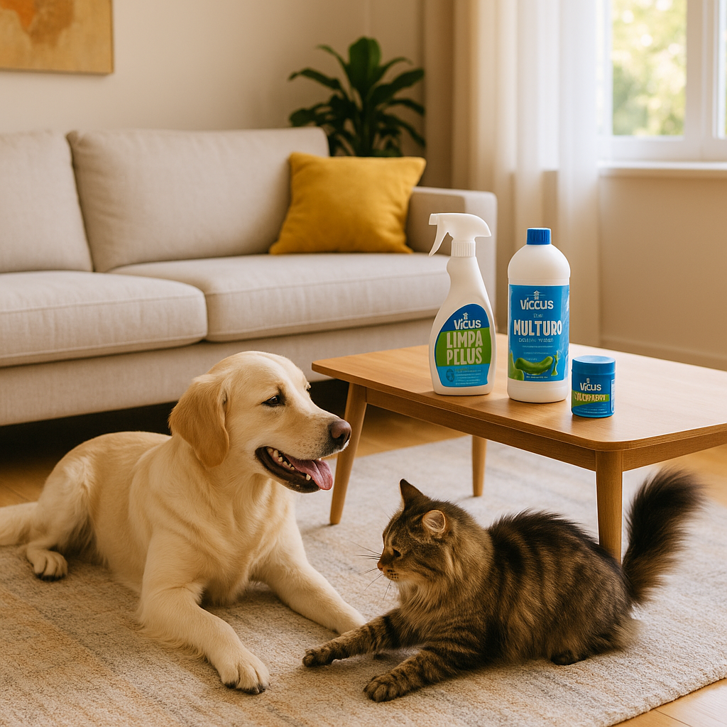 Sala de estar limpa com sofá claro, sem pelos, dois pets (um cachorro e um gato) brincando felizes e produtos Victus em destaque na mesinha de centro.