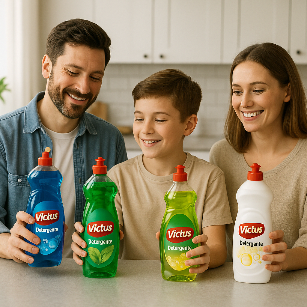 Família feliz escolhendo detergentes Victus em uma cozinha limpa e iluminada