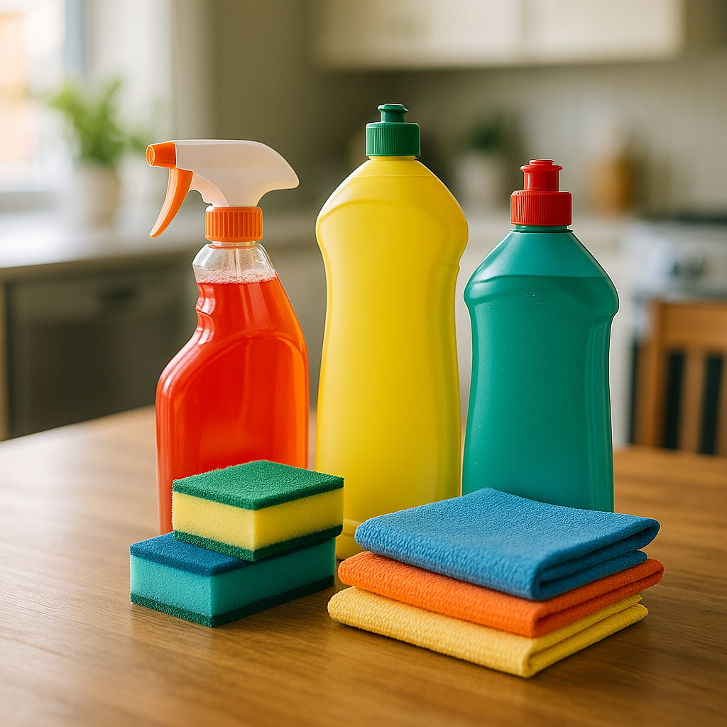 Kits de limpeza promocionais Victus organizados para economia inteligente.