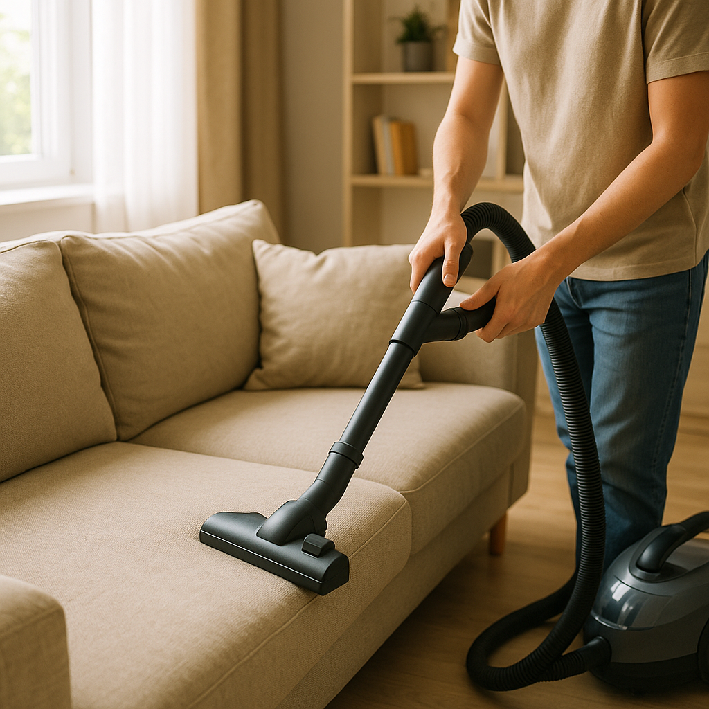 Pessoa utilizando aspirador para limpar sofá, demonstrando como limpar estofados e tapetes em casa
