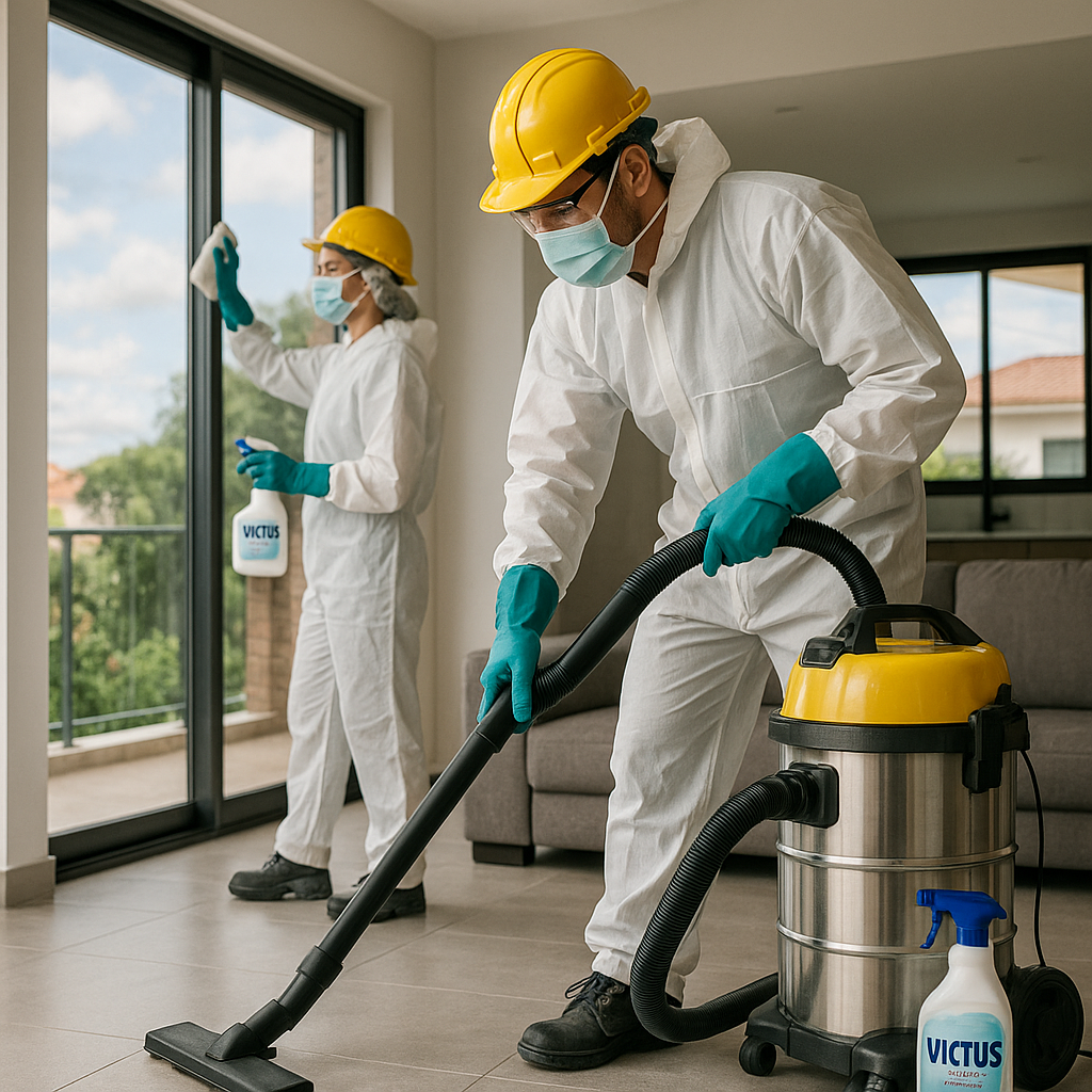 Equipe realizando limpeza pós-obra com produtos Victus em casa de Bauru
