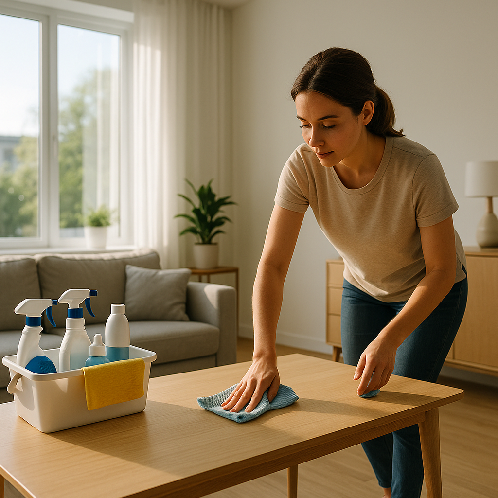 Limpeza rápida da sala com produtos organizados para eficiência máxima