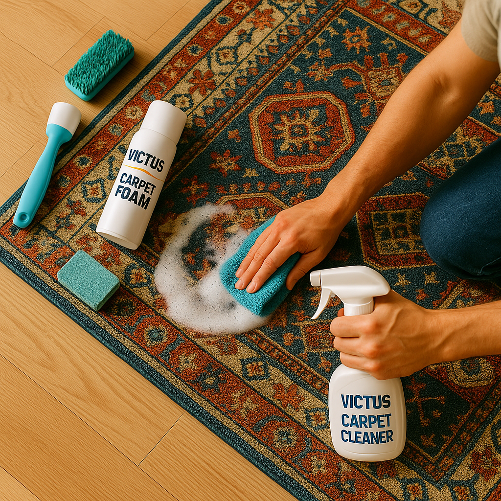 Processo profissional de como limpar estofados e tapetes em casa usando produtos especializados