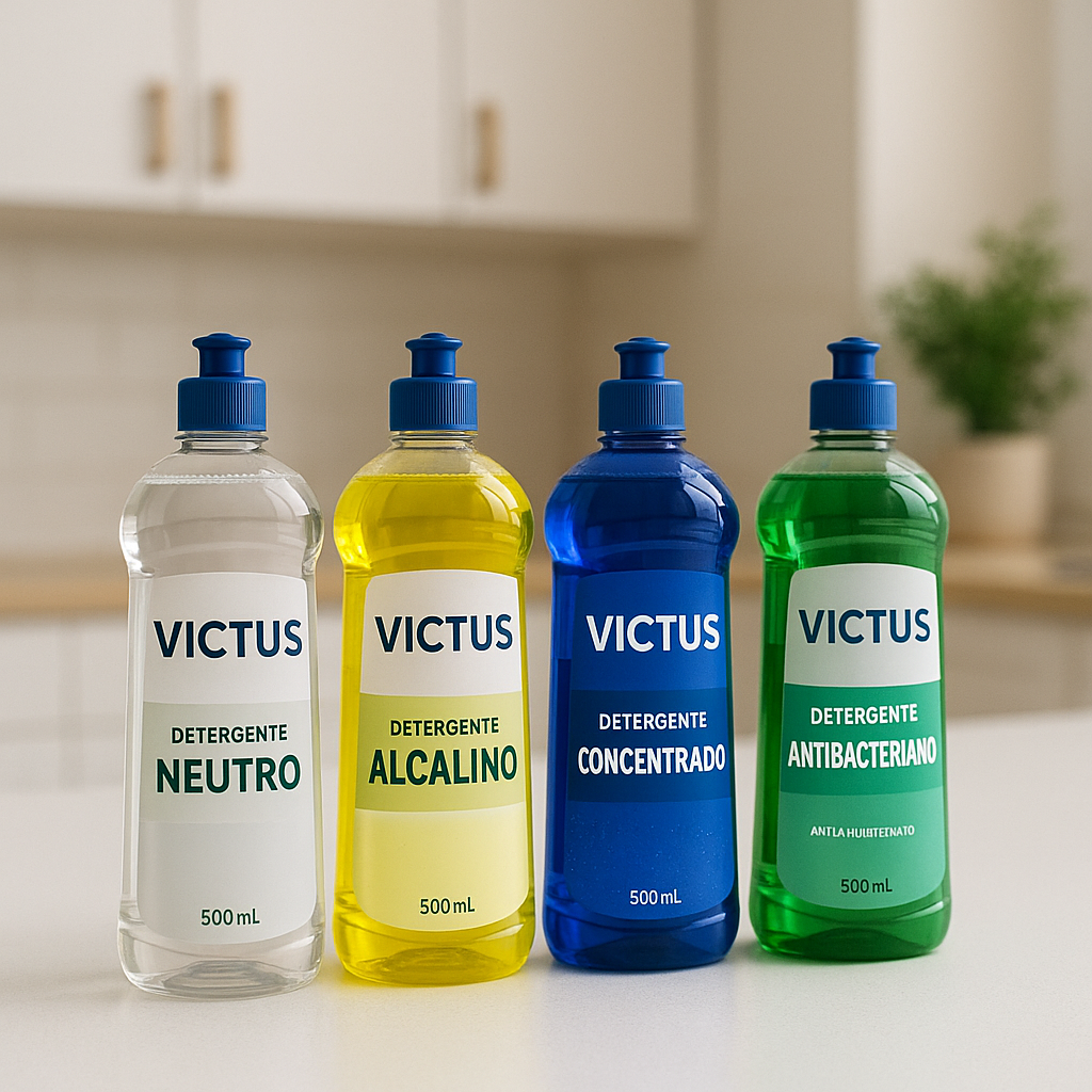Linha completa de detergentes Victus disposta sobre bancada branca